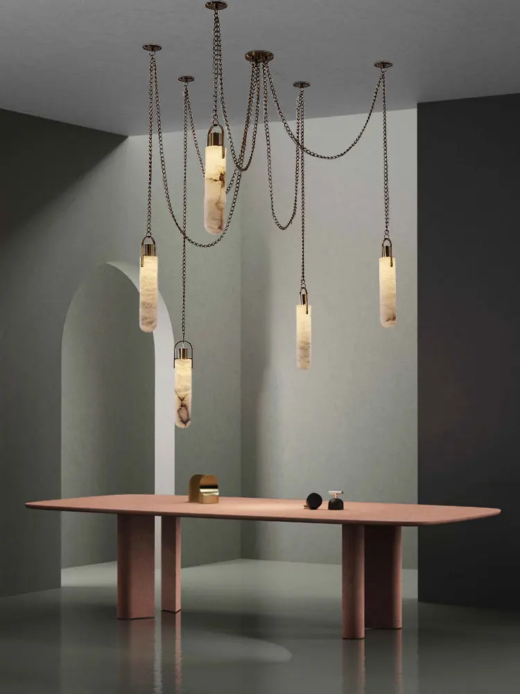 Modern Flint Multi-Drop Pendant Chandelier Light Cylinder Marble Hanging Lamp for Living Room Restaurant Loft Staircase Bedroom