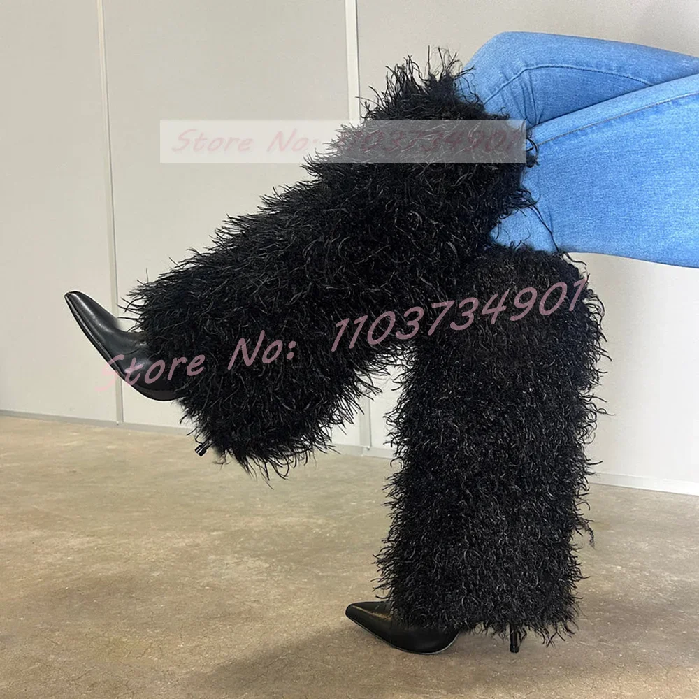 Fluffy Wool Long Boots Women Evening Sexy Fur Warm Pointy Toe High Heels Shoes Ladies Nifty Party Fashion New Winter Furry Boots