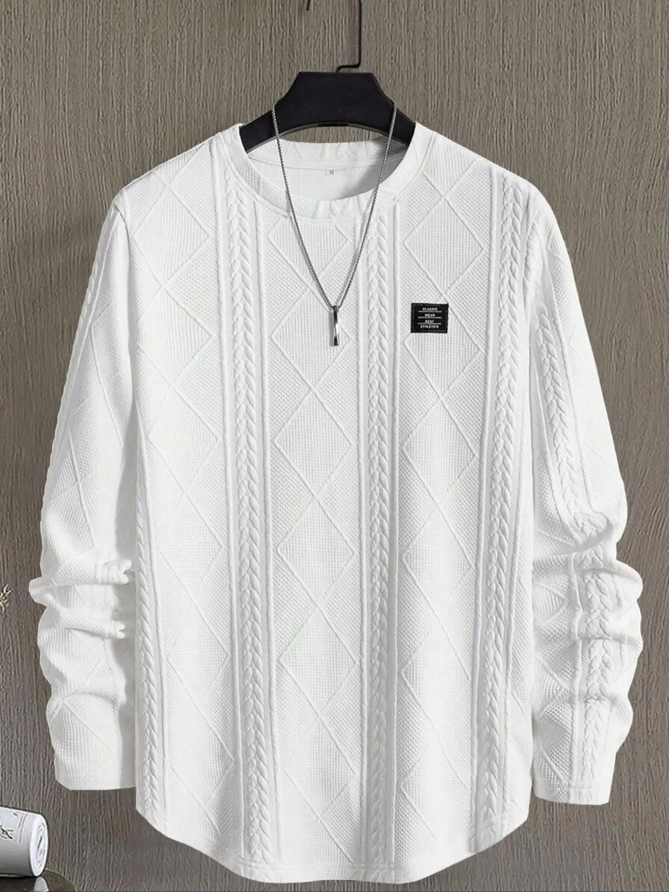Men's Regular Fit Textured Knit T-shirt Long Sleeve round Neck Casual Patched Detail Top for All Seasons Fashion
