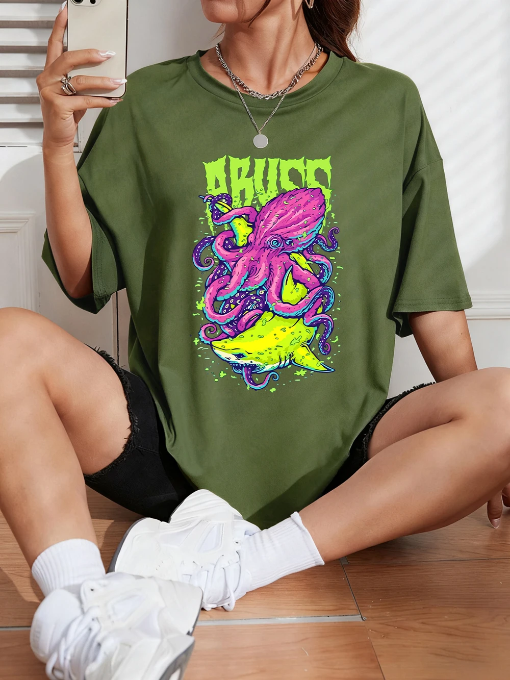 Abuzz Lila Tintenfisch Bedruckte T-Shirts Baumwolle Damen Sommer Kurzarm T-Shirts Weiche Basic Oversized Tops Lässige O-Neck Kleidung – Detail 26