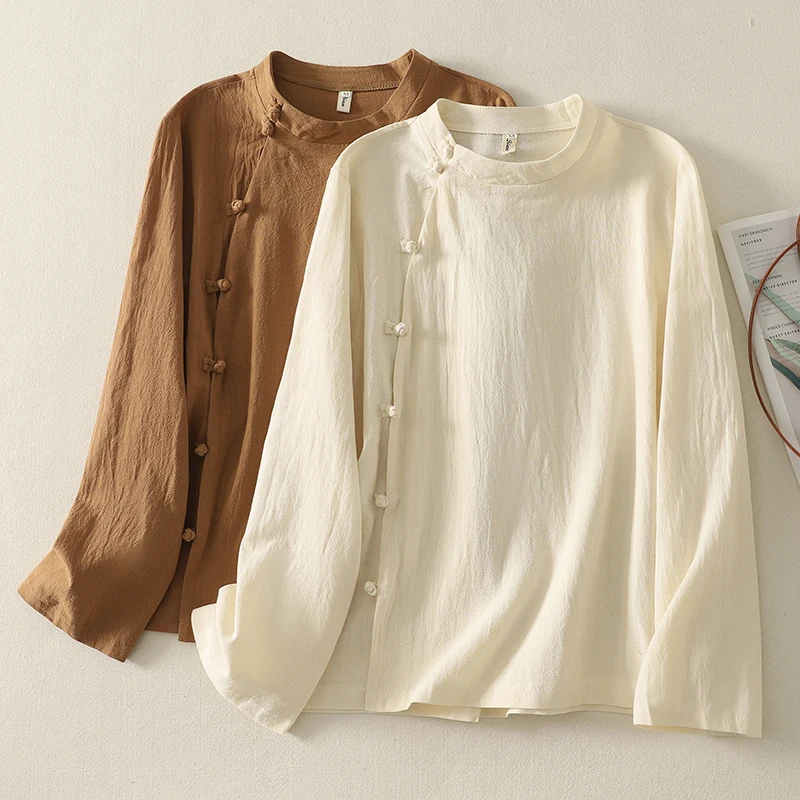 

New Chinese Sle Haax irt Pure Color Artistic Turn-down Collar Button Tea Costume Top Thin Cotton Long Sve T-irt