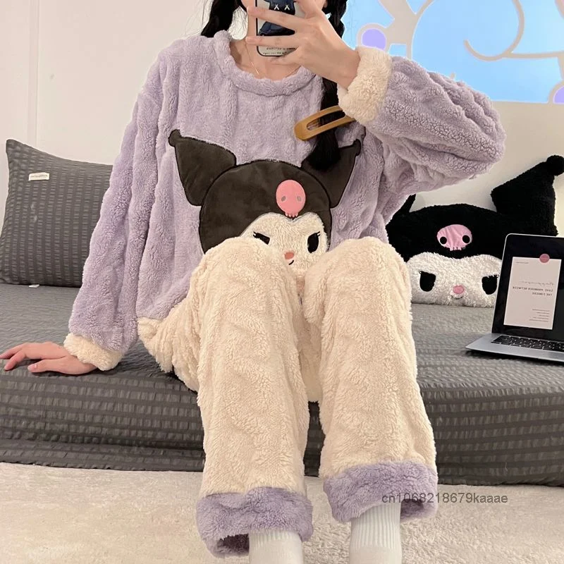 Sanrio Kuromi Cartoon Cute Coral Plush Pajamas Sweet Y2k Girl Style Warm Sleepwear Women Autumn Winter Thicken Flannel Home Set