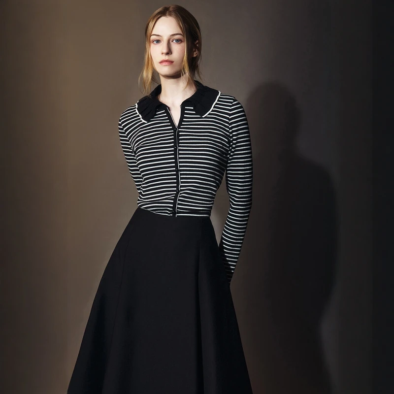  Personality 26 Spring Autumn Versatile Wooden  Collar Stripe Drawstring Knitted Open Cardigan Inner Wear Single Item