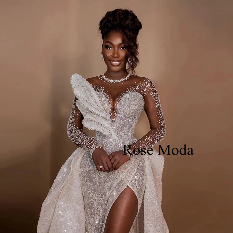 Rose Moda Long Sleeves High Slit Crystal Lace Wedding Dress with Removable Skirt Real Photos Custom Make