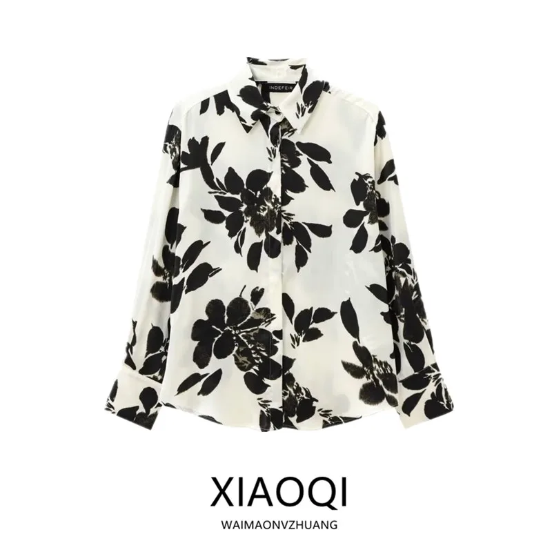 

Autumn 2024 Women's Faionable Versatile Silk Satin Feel irt Printed Classy Sle Loose Fit Long Sve Stand Sve Le...