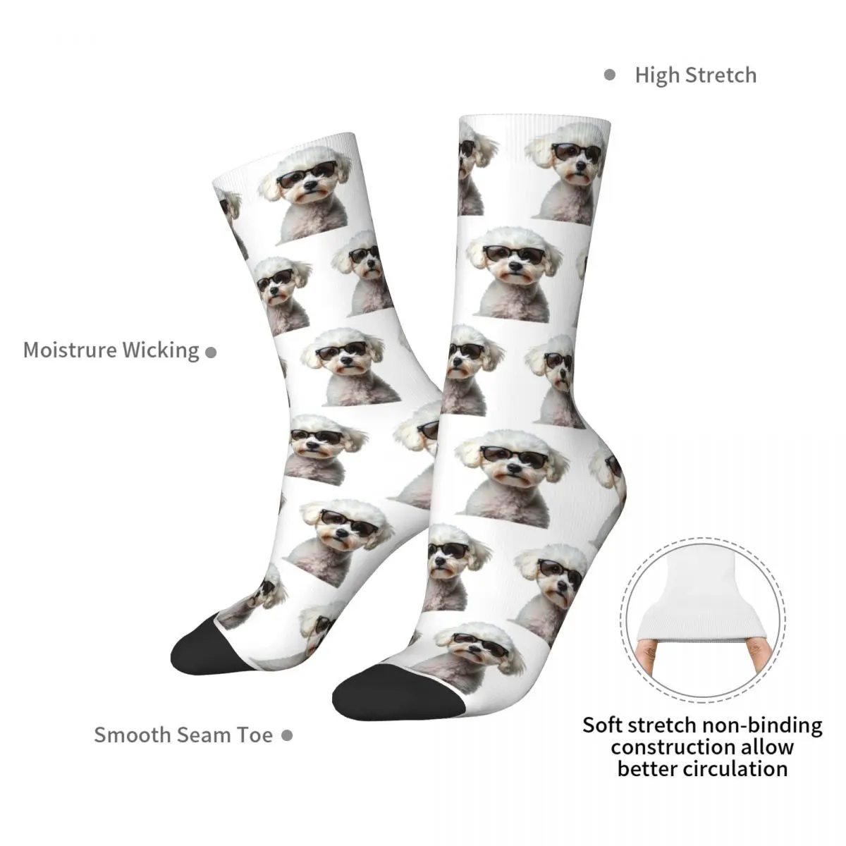 Funny Cool Bichon Frise Wearing Sunglasses Socks Harajuku Stockings All Season Long Socks for Man's Woman's Christmas Gifts