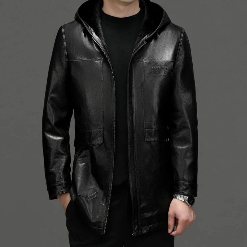 

Autumn Winter New Boutique Men Slim Trend Italian Style Fashion Solid Color Casual Leather Jacket Hooded Jacket Sheepskin Coat