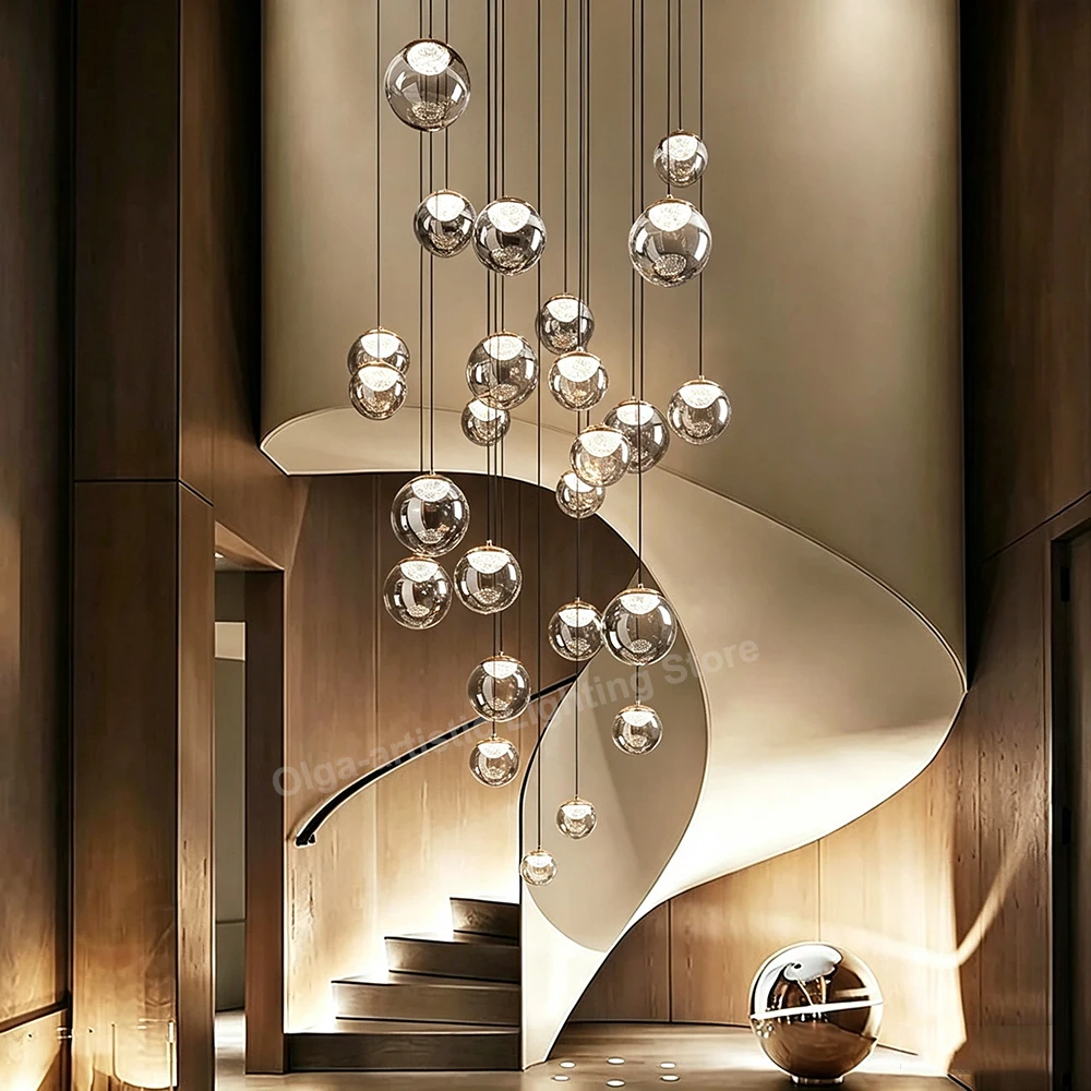 Get This Clear Gray Glass Sphere Stairwell Chandelier Lights Led Luxury Villa Duplex High-ceiling Hanging Chandeliers Modern