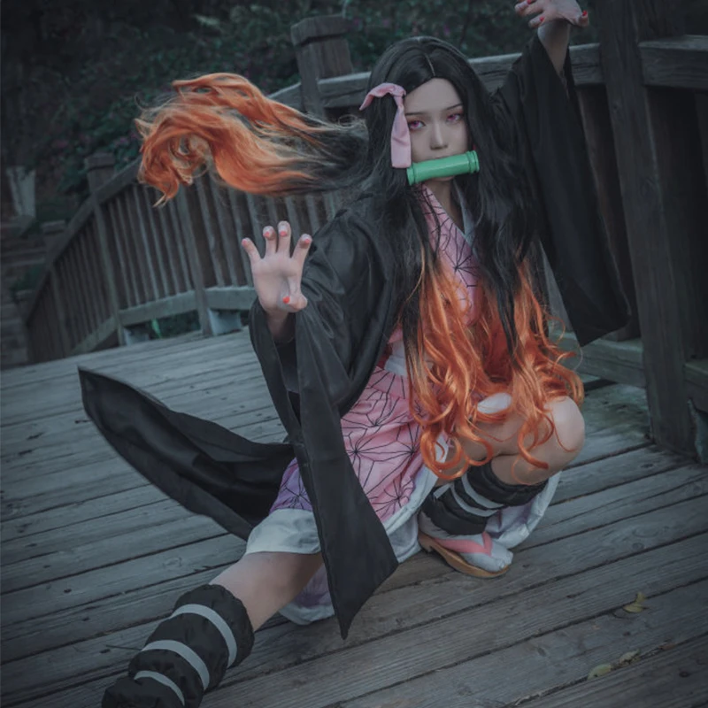 Anime Demon Slayer Nezuko Cosplay Kimono Kimetsu No Yaiba Kamado Nezuko Costume Womens Girls Kimono Uniform Halloween Clothes