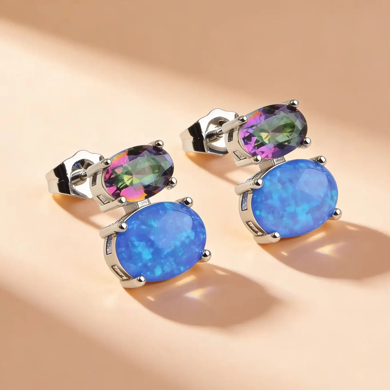 

Серьги-подвески с синим опалом и цветными кубическими циркониями, покрытие из белого K-покрытия, гипоаллергенные, легкие, подарок для нее