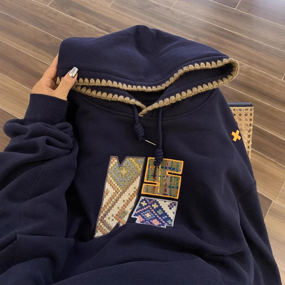 

American Retro Embroidered Hooded Sweatshirt For Women, New Autumn And Winter Lazy Style, Fleece Lined, Thickened Oversize