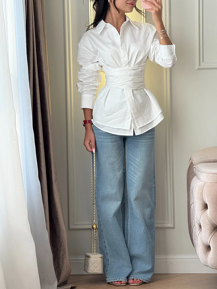 

Новая женская повседневная блузка с длинным рукавом, однотонная, элегантная, на пуговицах, для офиса, модная, с отложным воротником, с завязками на талии