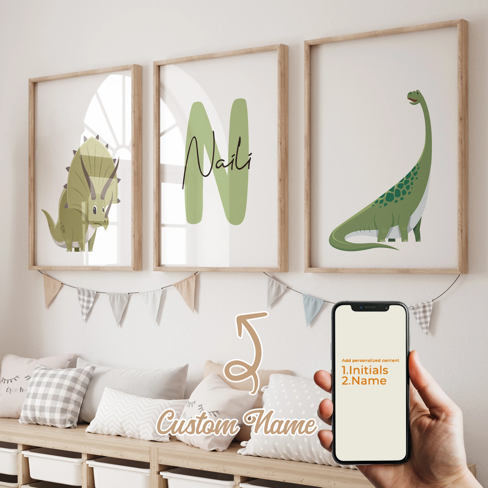 3pcs Personalized Custom Name Cartoon Dinosaur Wall Art Print Picture Canvas Poster Painting For Living Child Room Home Decor