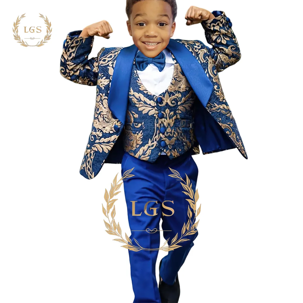 Boys Gold Pattern Suit 3 Piece Wedding Floral (Jacket Pants Vest) Jacquard Suit Blazer Children's Custom Suit