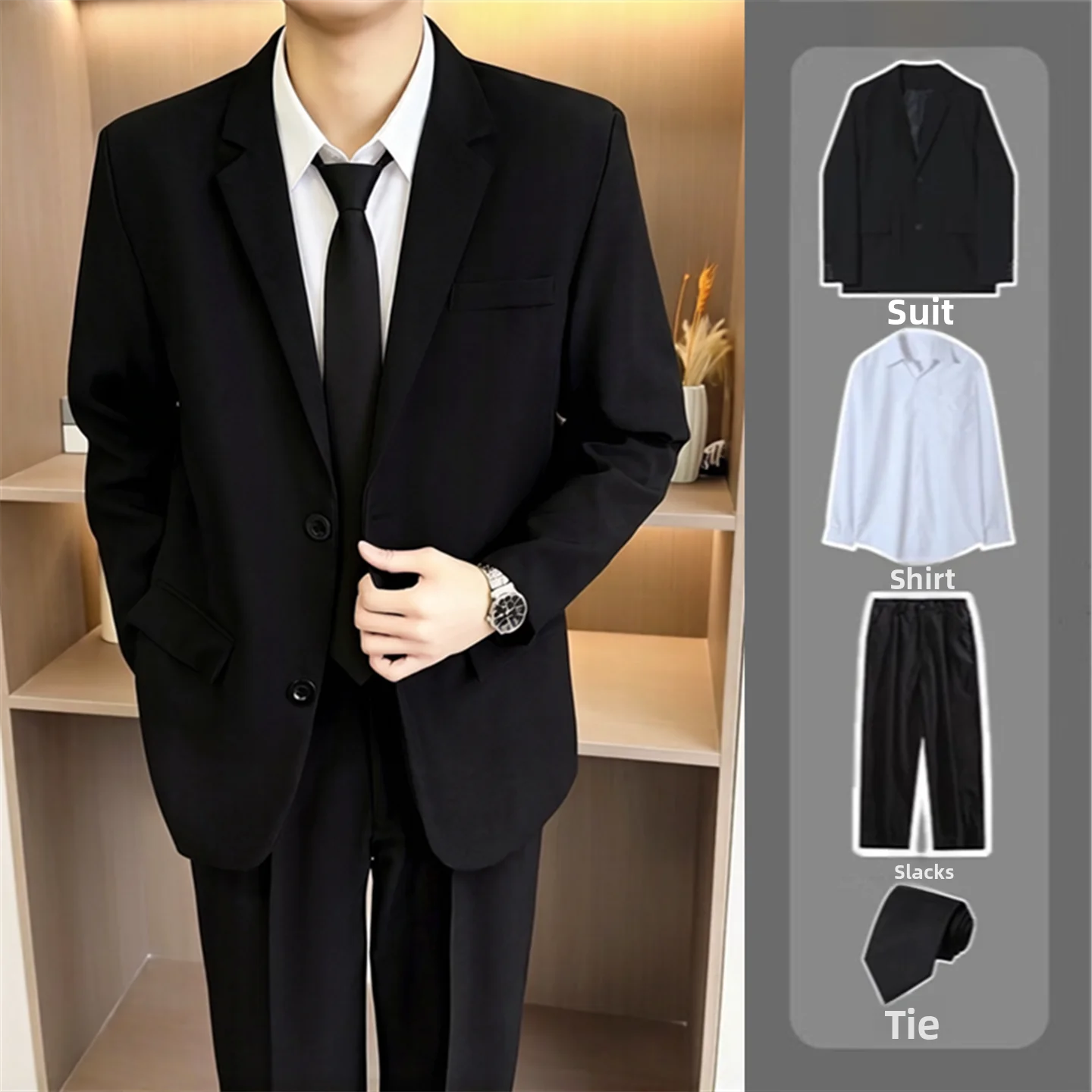 

Busin Commuter Men's Suit Jaet Profional Interview Outfit Bla Formal Wear Set Stand Fit Polyester Fiber Anti-Wri...