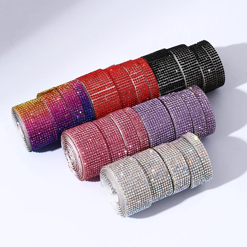 Crystal 4/6/8/10/12Rows Crystal Rhinestone trim Self Adhesive Bling Roll Rhinestone chain Sticker for DIY Clothing Decoration