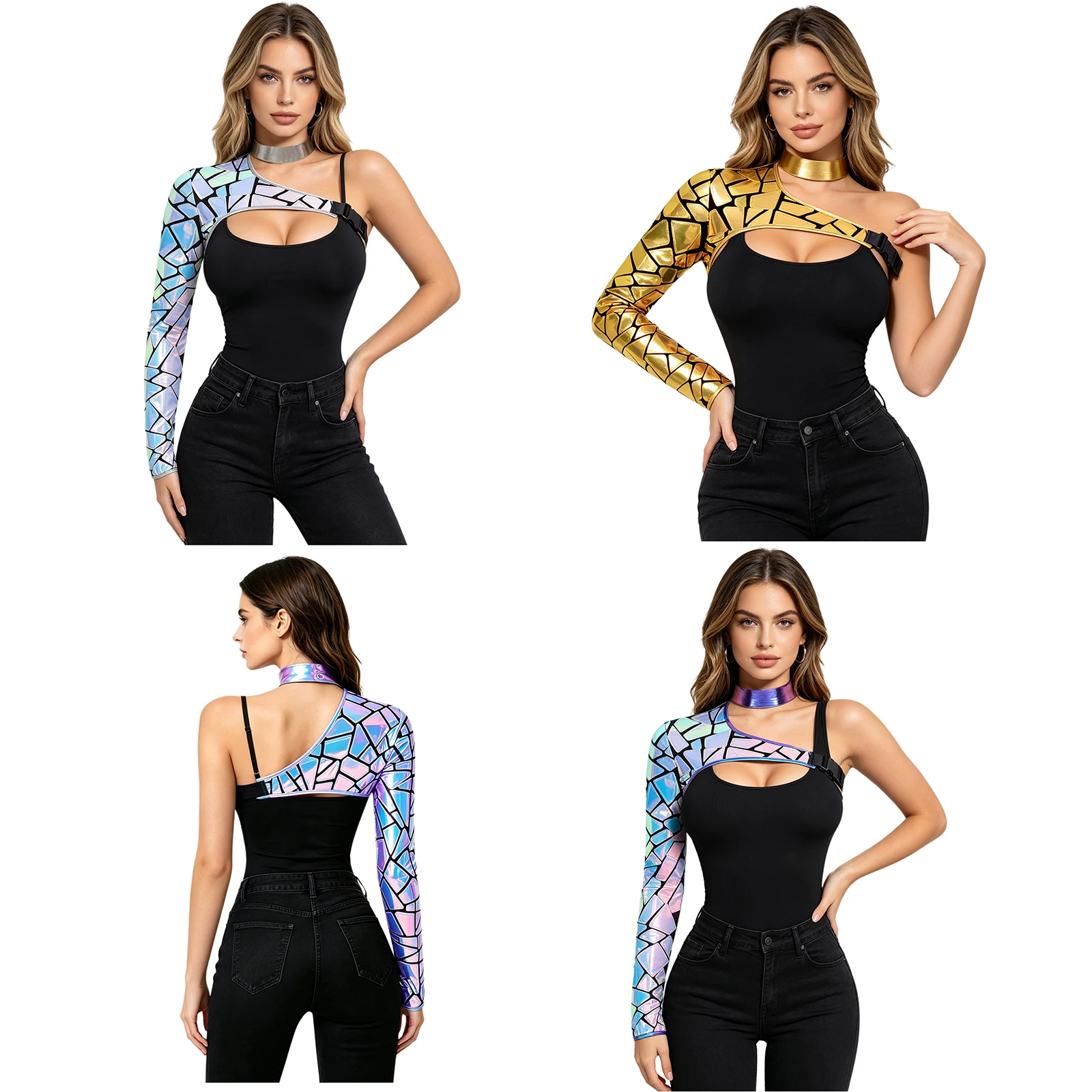 

Women One Shoulder Metallic Shiny Sequin Jazz Dance Crop Top Gothic Armor Shrug Halloween Space Alien Astronaut Robot Costume