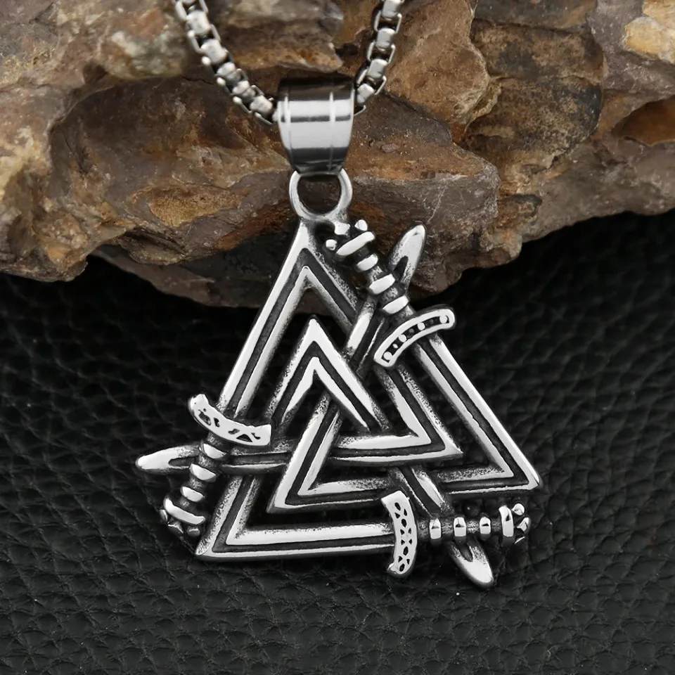 Vintage Stainless Steel Vikings Odin Triangle Pendant Necklaces For Men Punk Fashion Sword Valknut Necklace Amulet Jewelry Gifts