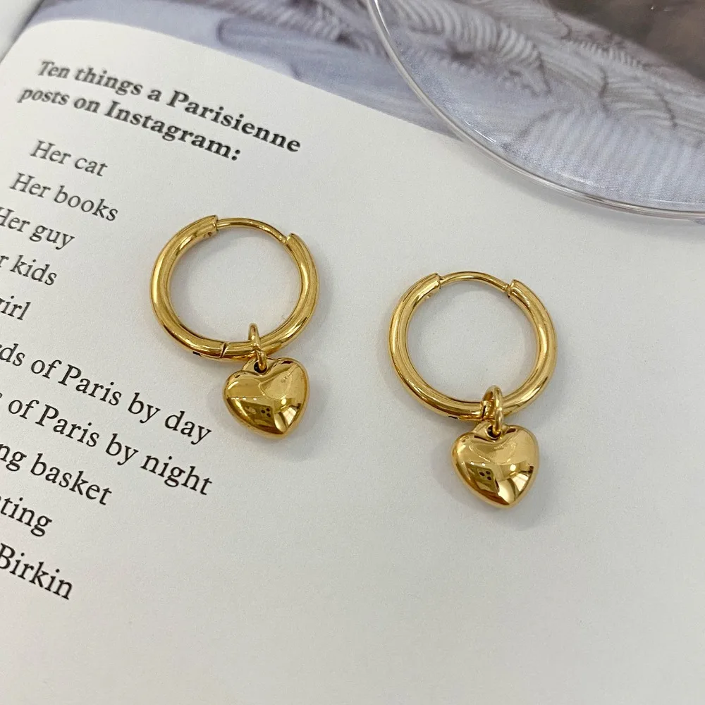 Trendy Simple 925 Sterling Silver Heart-shaped Pendant Hoop Earrings for Women Gold Color Dangle Earrings Statement Jewelry Gift