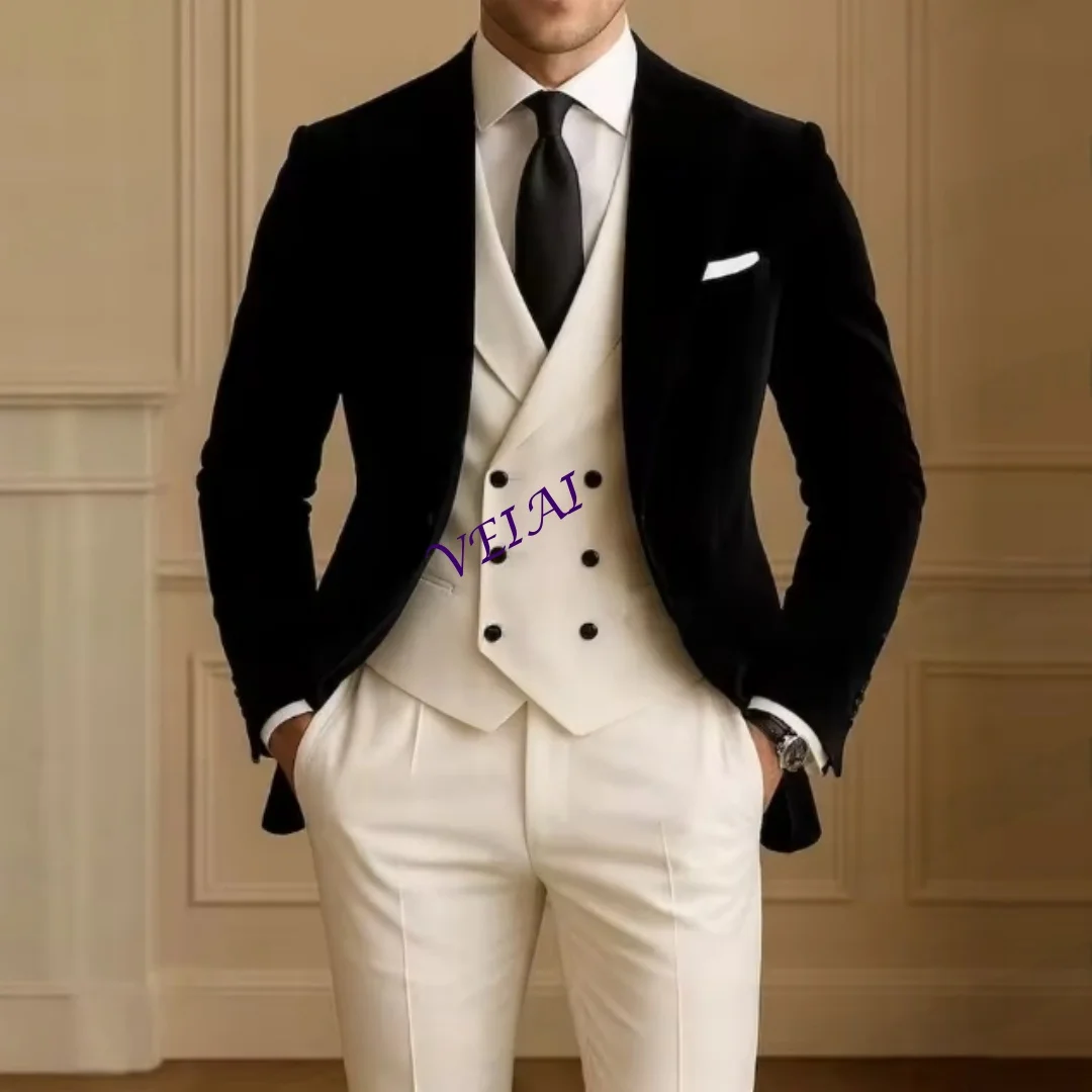 

Черный бархатный белый деловой мужской костюм по индивидуальному заказу, жених, жениха, свадебной вечеринки, выпускного вечера, деловые мужские смокинги, комплект из 3 предметов, пиджак, жилет Pa
