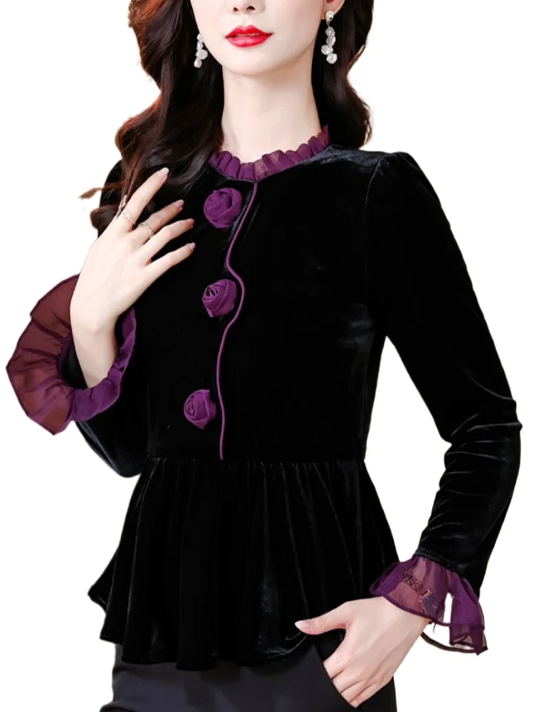 

women velvet blouses elegant lady peplum tops 3D flower shirts