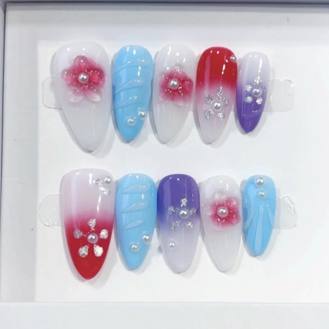 

10pcs Gradient Colorful Handmade False Nails Press on Long Almond Nails Tips Flower Pearl Design Fake Nail Glitter Manicure Sets