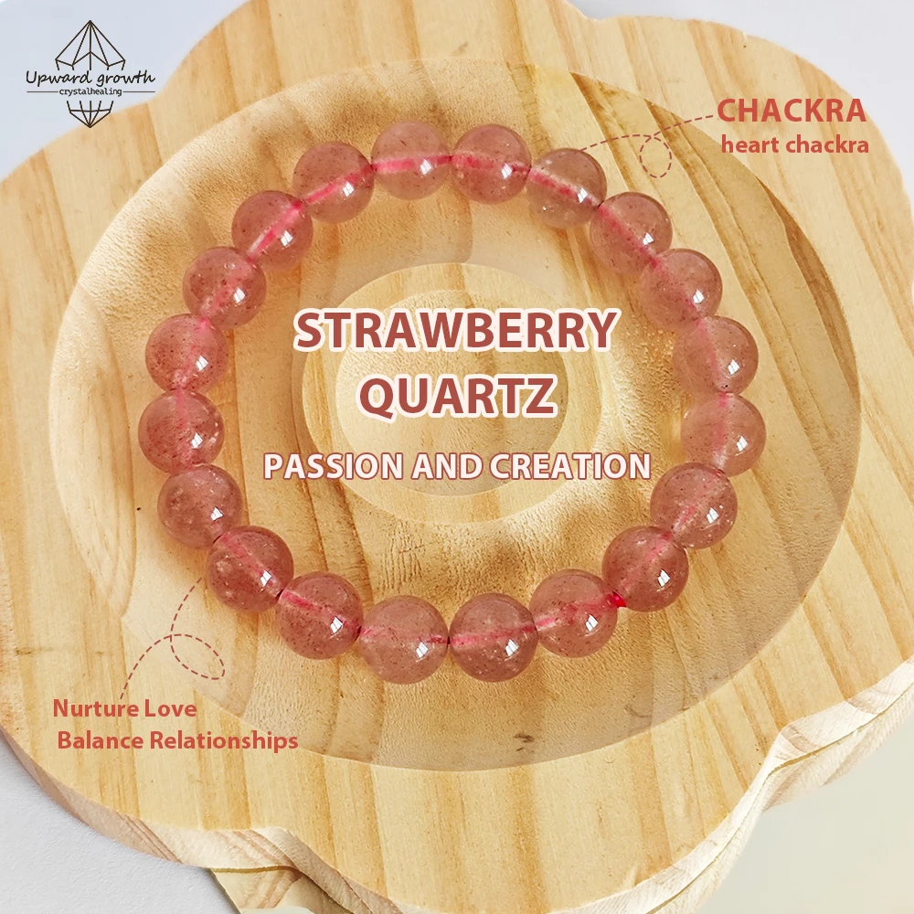 

UGCRYSTAL Natural Strawberry Quartz Beads Bracelet 8mm Crystal Stone Women Single Circle Heart Chakra Healing Jewelry Gift