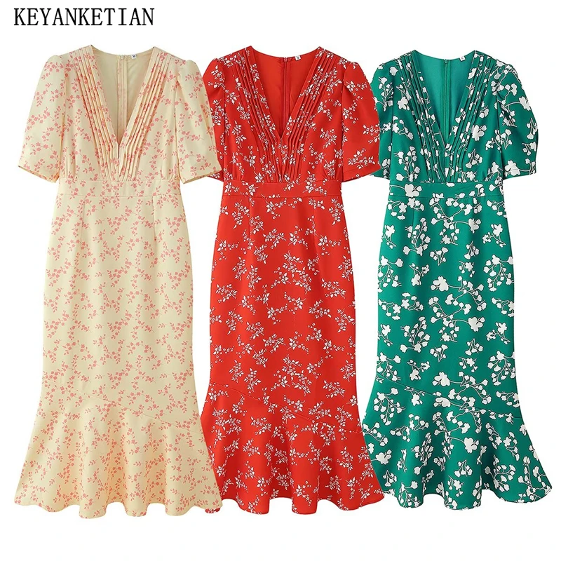 Keyanketian verão novo estilo de férias feminino com decote em v em camadas manga bolha vestido impresso fino saia rabo de peixe