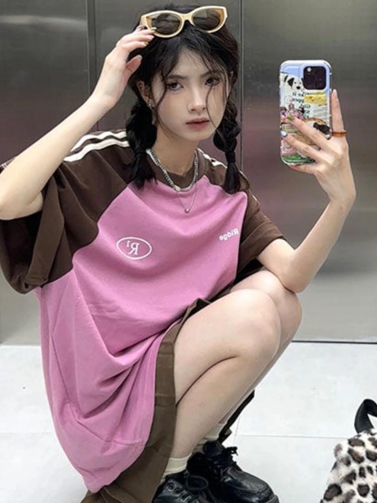 Panolistne t-shirty damskie na co dzień Hotsweet z okrągłym dekoltem w stylu amerykańskim w stylu Vintage para letnie nastolatki moda College Chic — zdjęcie 4