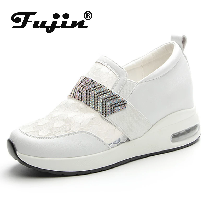 Fujin 7cm Air Mesh Genuine Leather Women Summer Hollow Hidden Heels Breathable Supportive Platform Wedge Chunky Sneakers Shoes