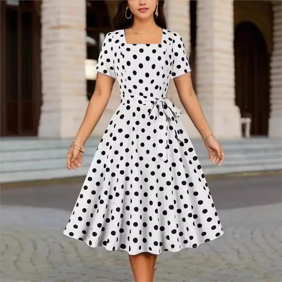 

Women's Printed Polka Dot Waist-cinching Belt-concealing Dresses Summer Square Neck Slimming Elegant Long Skirt Woman 2025