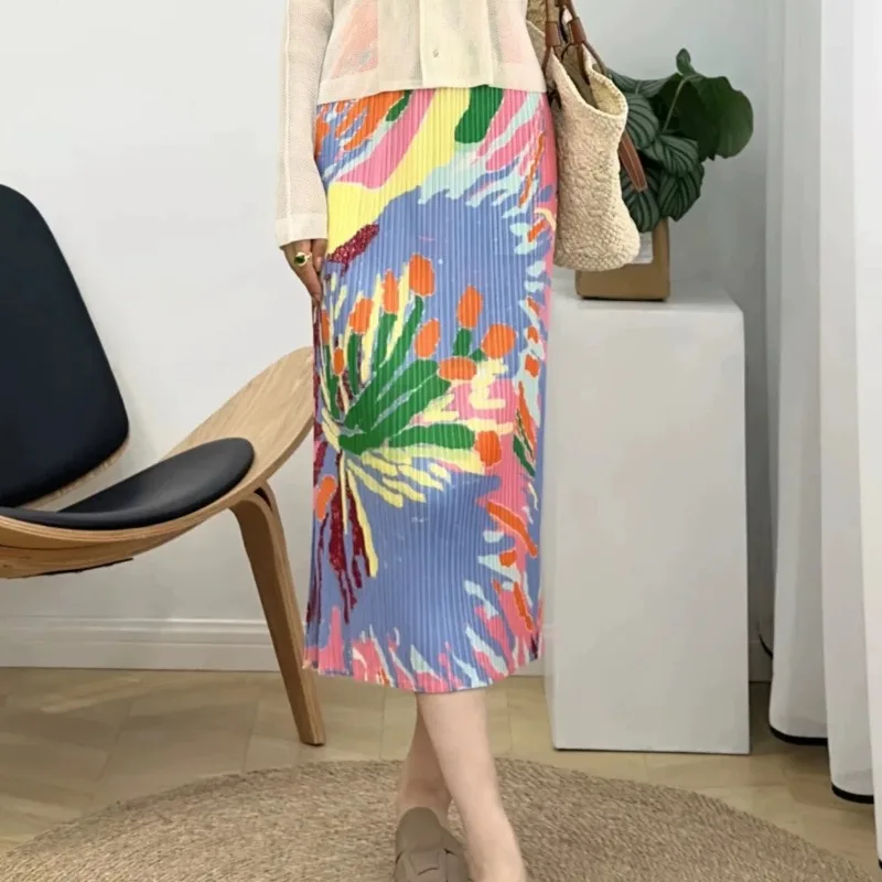 Miyake Pleated Printed Skirt Plisse 2026 Summer New Frost Flower Print Pleats Jupe Fashionable Design Pleated Skirt Vintage Slit