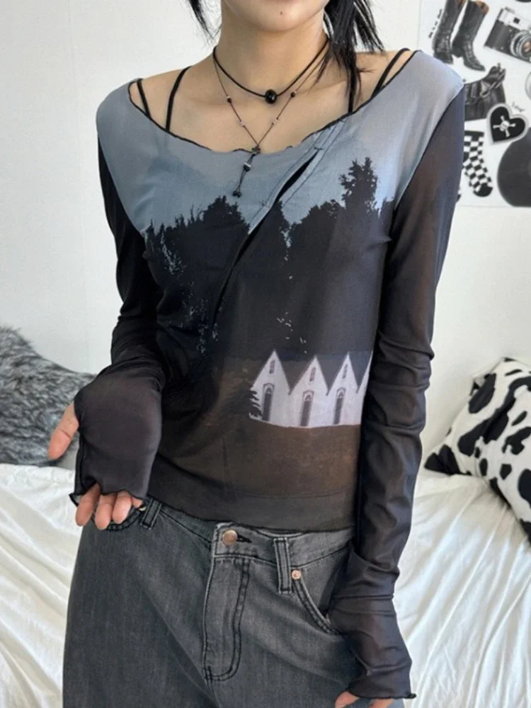 Y 2K Esthetische Harajuku Slanke Vrouwen T-Shirt Doorzien Gaas Vintage Print Crop Top Zomer Lange Mouw Mode Bodemshirts