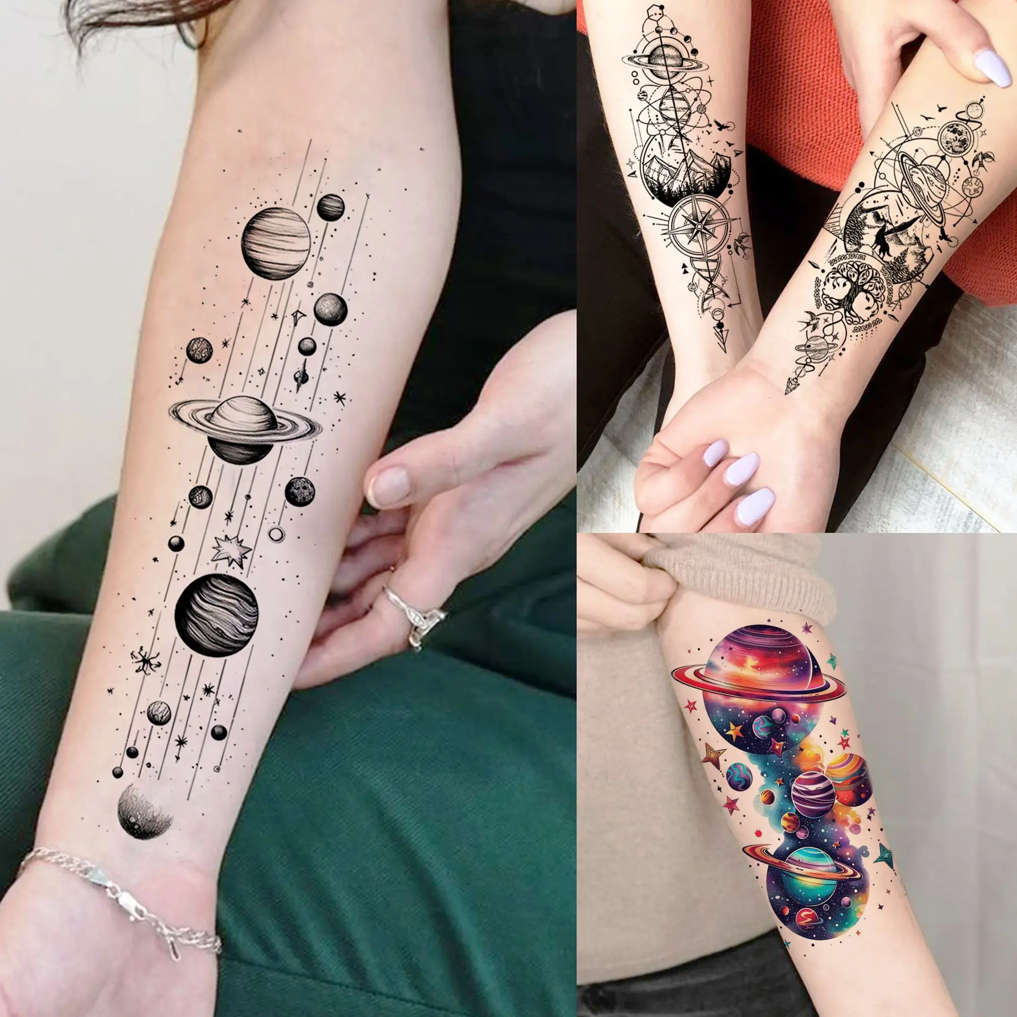 

1 Sheet Universe Planet Star Chain Temporary Tattoos For Men Women Adults Waterproof Realistic Fake Tattoo Sticker Long Lasting