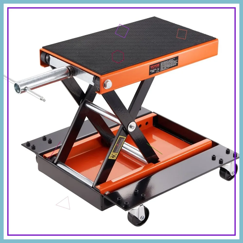 

1100 LBS Motorcycle Scissor Lift Jack with Dolly, Hand Crank, Wide Deck & Tool Tray for Street and Cruiser Bikes