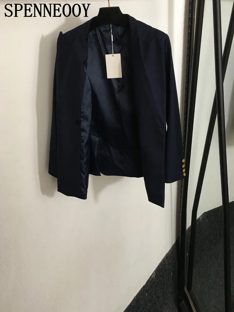 SPENNEOOY Fashion Runway Autumn Office Lady Dark Blue Suit Jacket Women\'s Ulster Collar Long Sleeve Pocket Double Breasted Coat