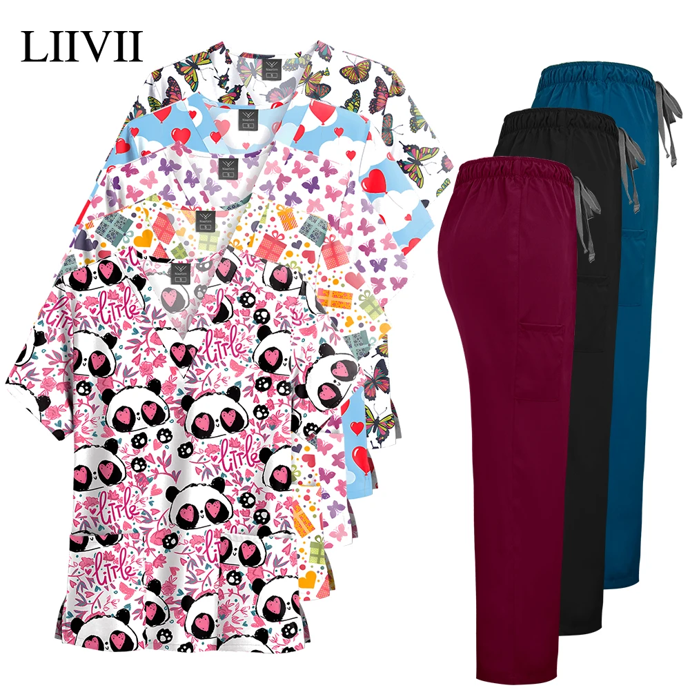 Bedrucktes Scrubs-Oberteil mit Taschen, gerade Hose, V-Ausschnitt, OP-Uniformen, Damen, Herren, Pet Shop, Arbeitskleidung, Arzt, Krankenschwester