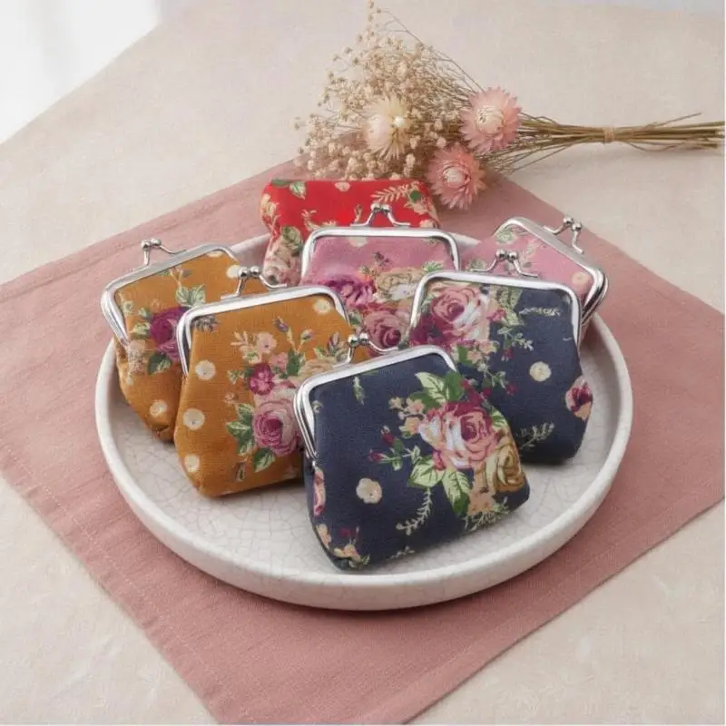 Vintage Floral Canvas Coin Purse Kiss Lock Closure Colorful Flower Print For Daily Use Carry Coins Lipsticks Small Items