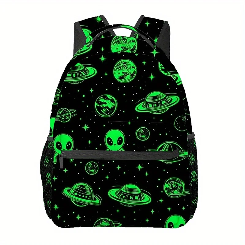 Green Alien UFO Moon Backpack Lightweight Durable Polyester with Neon Green Alien UFO Stars Print Adjustable Straps Laptop Book