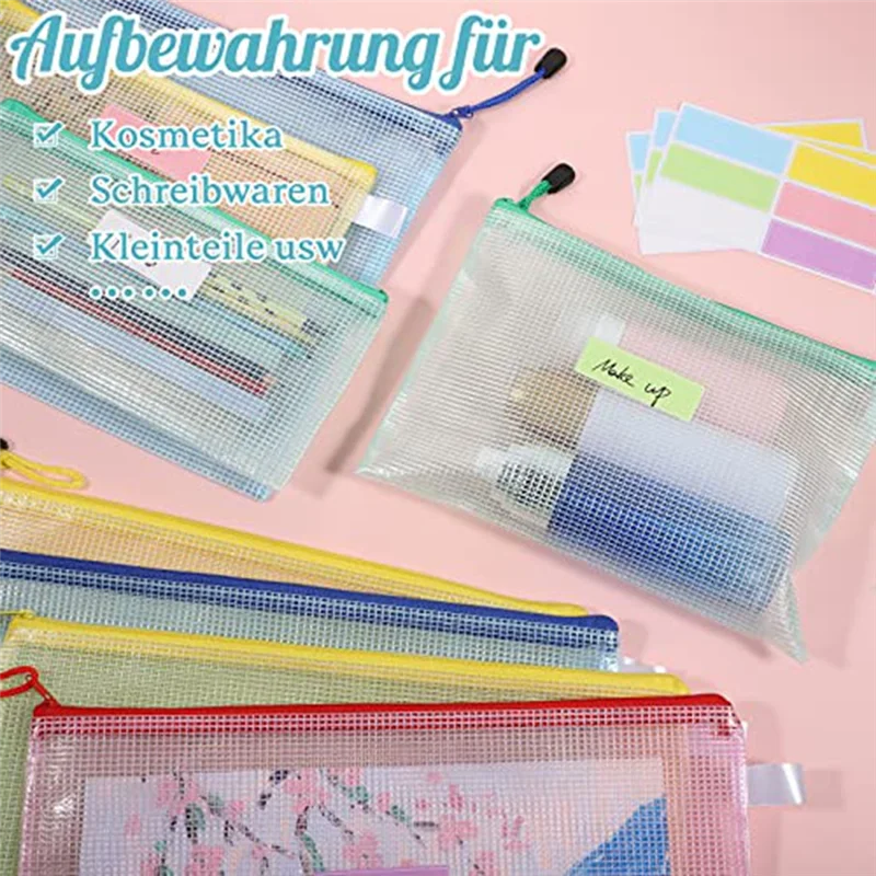 20 pacotes de bolsos para documentos a4 + a5 + a6, pasta de arquivo, bolso de plástico com zíper, bolsa de malha com zíper (4 cores)