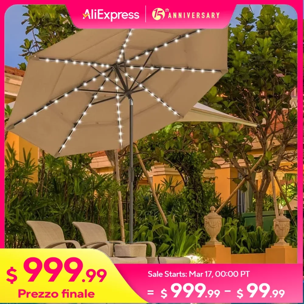 Non-Fading Sunumbrella Solar 9ft 3 Tiers Market Umbrella with 80 LED Lights Patio Umbrellas Outdoor Table with Ventilation