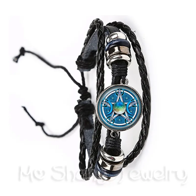 Triple Moon Goddess Bracelet Pentagram Witch Jewelry 20mm Glass Dome Wiccan Black/Brown Leather Bangle Charm Wicca Jewellery