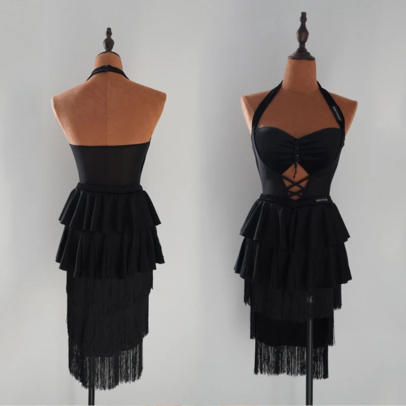 

2025 Latin Dress Women Latin Dance Performance Outfit Black Halter Backless Leotard Fringe Skirt Adult Training Dancewear 1835