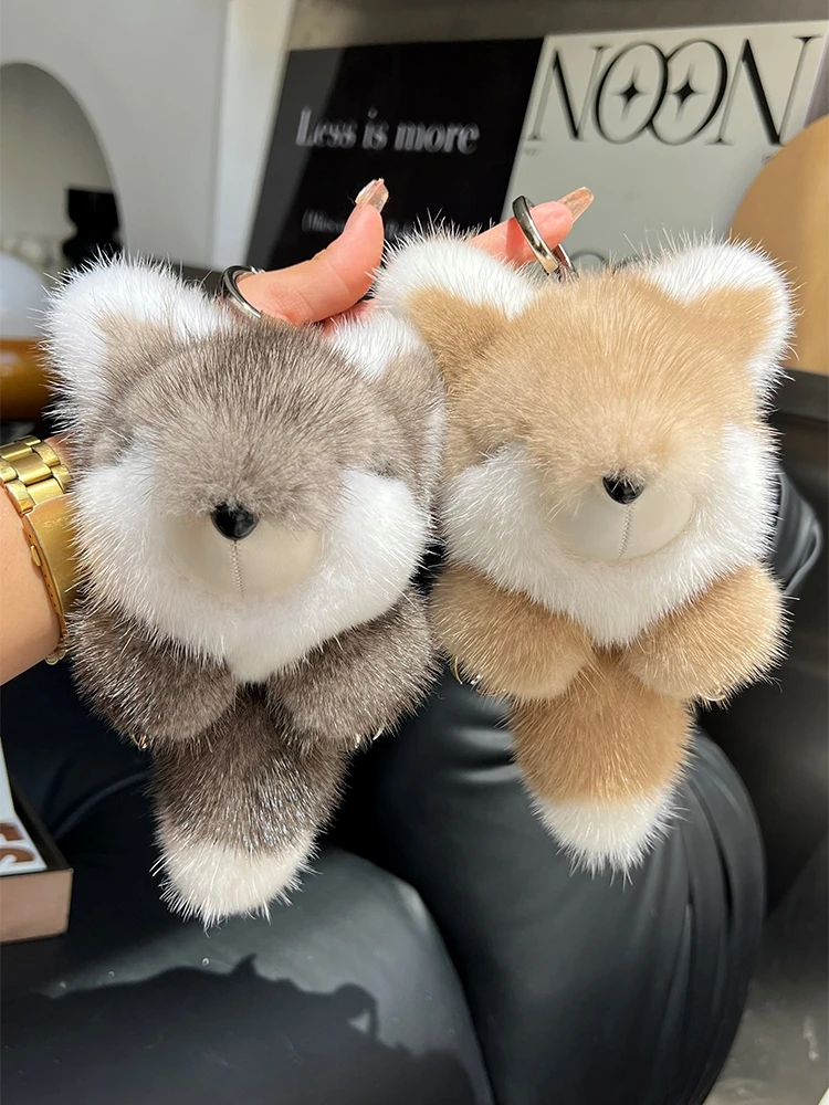 Cute Fox Real Mink Fur Key Chains Plush Toy Women's Bag Charm Ornaments Car Keyring Trinkets Rearview Mirrors Pendant Girls Gift