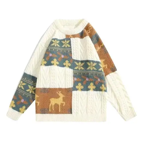 

Retro Oversized Men's Knitwear Autumn Winter 250 Pou Loose Color Blo Twist Flower Knitted Sweater Couple Lazy Sle Coat