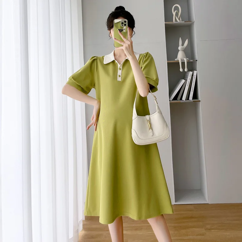Maternity Summer New Color Collision Polp Collar Loose Thin Short-Sleeved Mid-Length Summer Dresses Maternity Summer Dresses