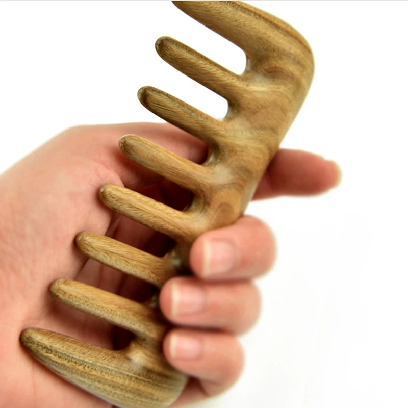 مشط شعر واسع الأسنان لفك تشابك الشعر ، والخشب الطبيعي ، والشعر المجعد ، لا خشب الصندل ثابت ، واختيار الشعر