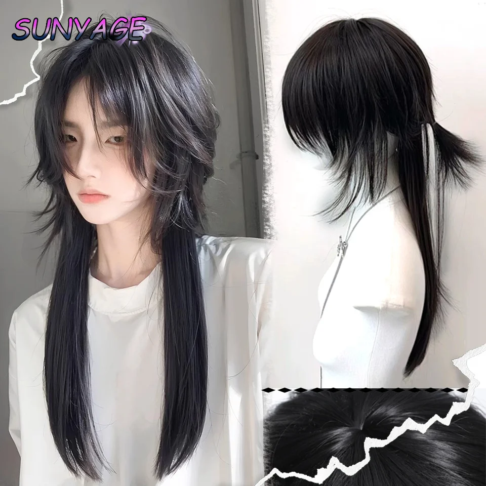 SUNYAGE Black Mullet Head Wigs with Bangs Long Synthetic Straight Men Women Anime Cosplay Hair Wig for Daily Party