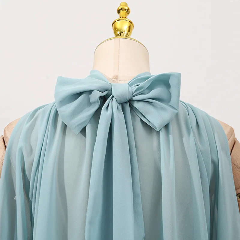 Solid Color Off-Shoulder Blouse For Women O Neck Sleeveless Chiffon Shirt Slimming Design Elegant Temperament Top Fashion 2025