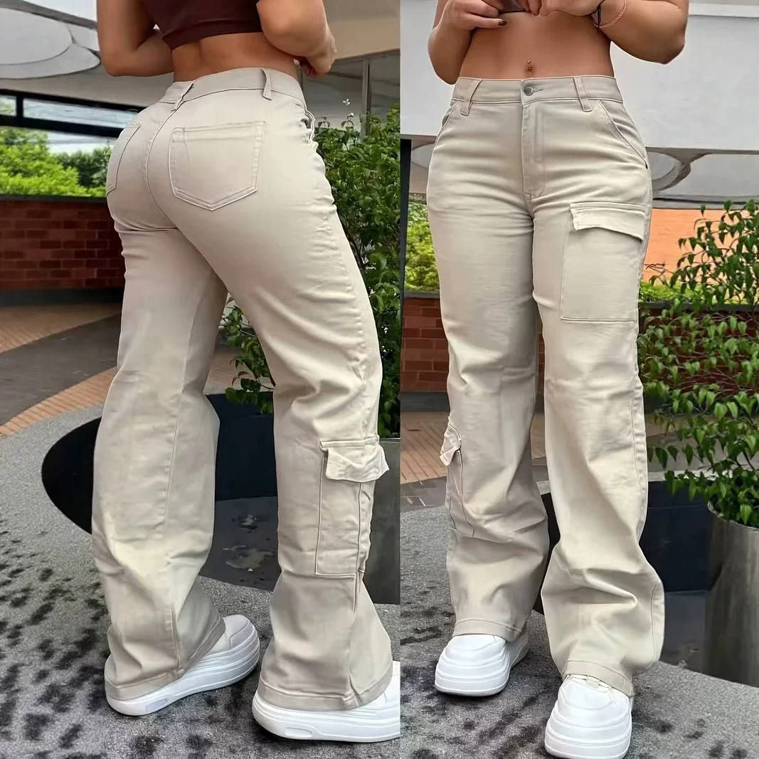 Women's Rice Apricot Loose Casual Cargo Pants Retro Multi-pocket Overalls Straight Pants